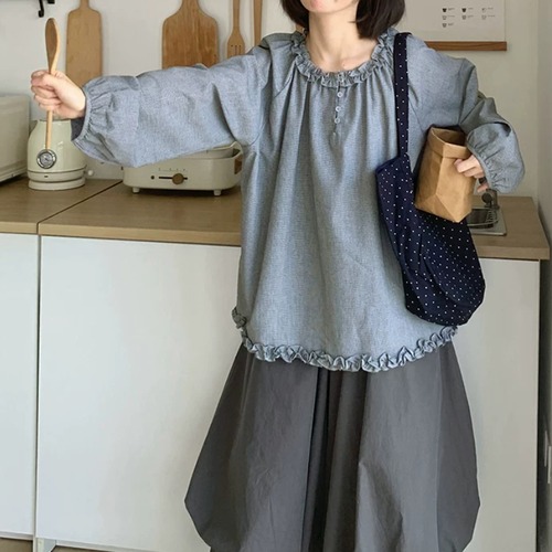 縁フリルハーフボタントップス ・12522