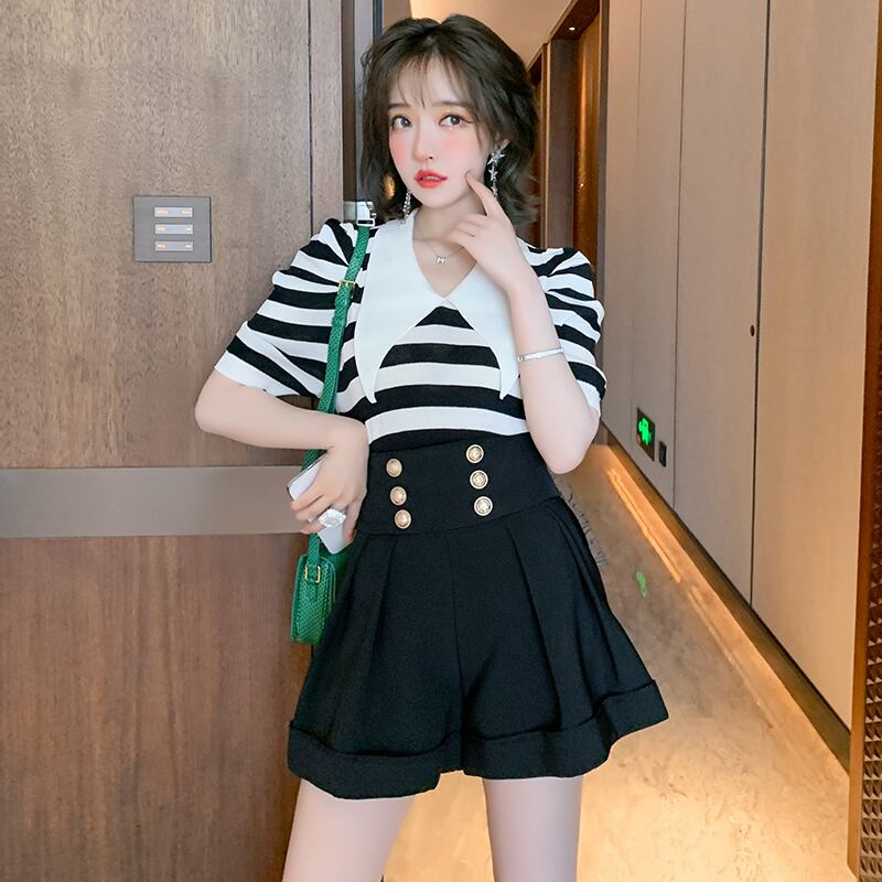 カラースタンダードスリーブストライプニットTシャツ トップス サマースタイル レトロ 夏物 MIUCO48250862391