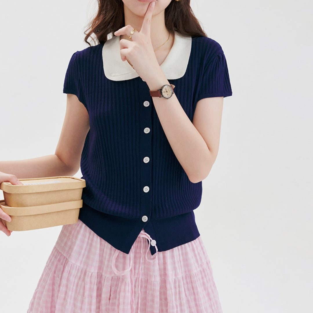 contrast collar rib knit cardigan