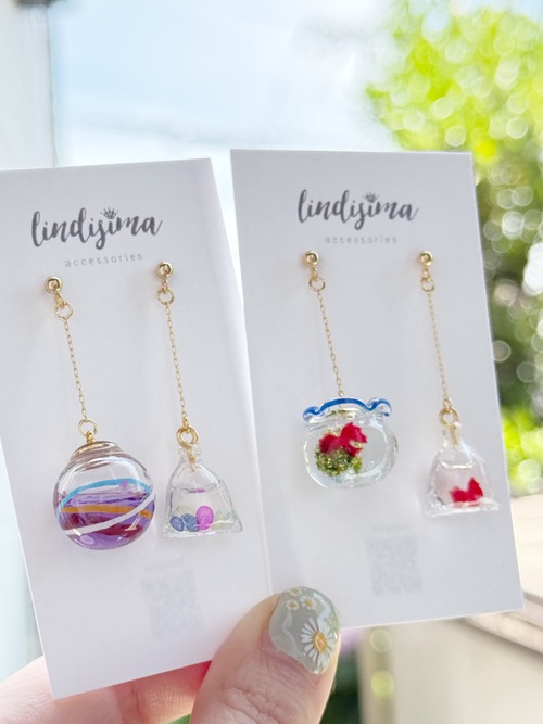 【片耳販売】日本の夏を感じる金魚鉢のミニチュアピアス イヤリング