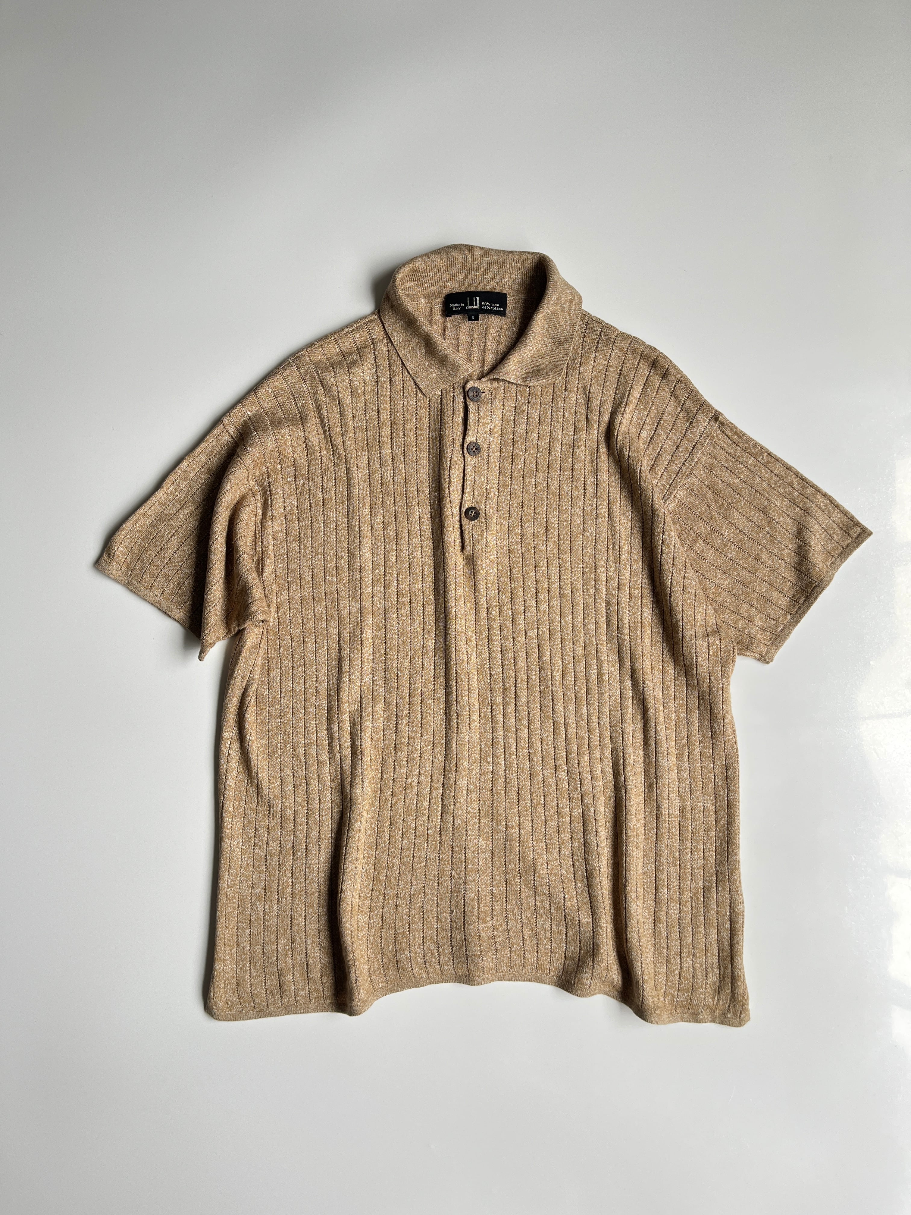 ダンヒル dunhill リネン コットン リブ編み ニットポロシャツ ベージュ|S (メンズM相当)|古着 イタリア製 2000年代