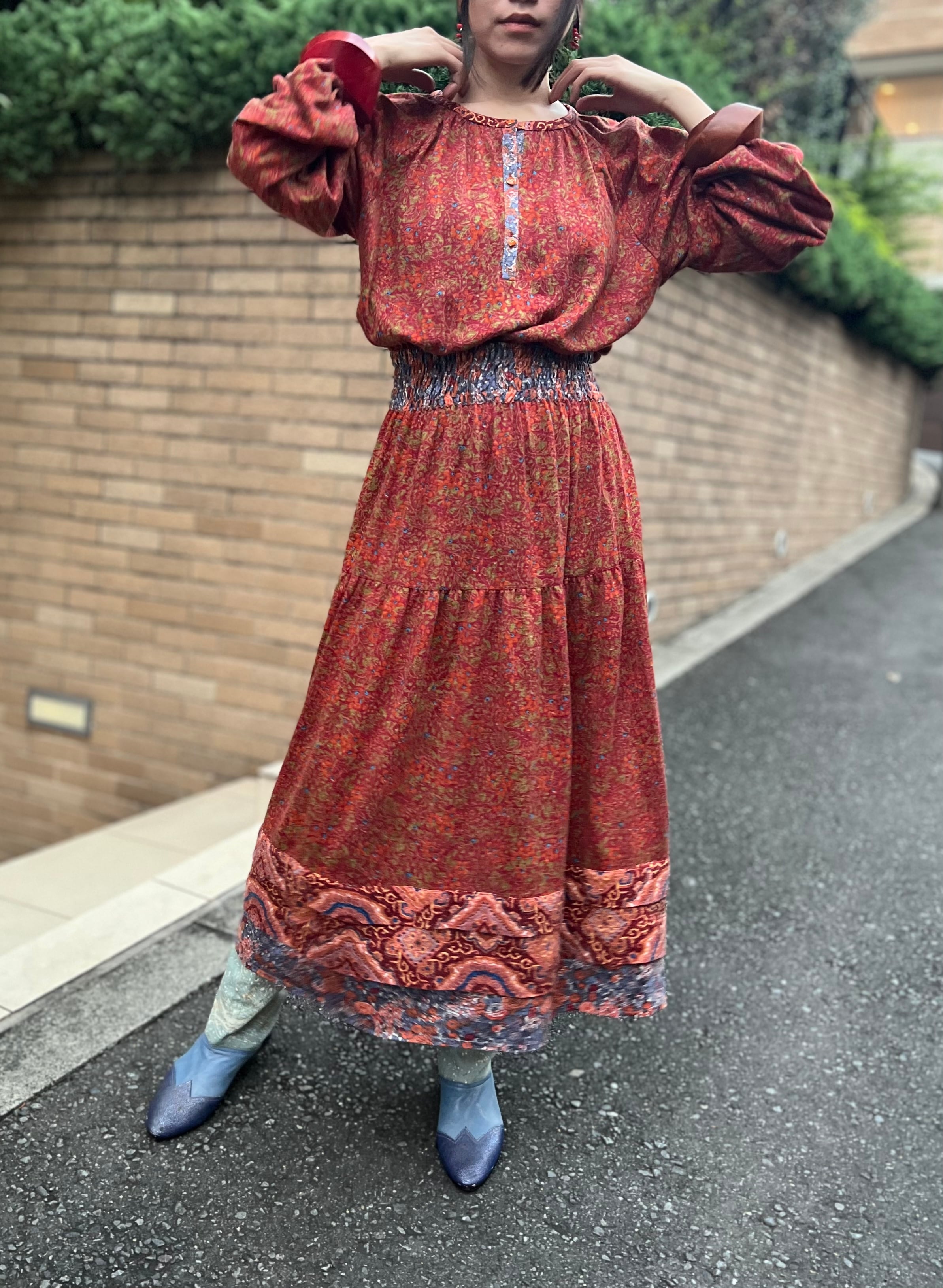 70s Diane freis wool brown × floral dress ( ダイアン フレイス  