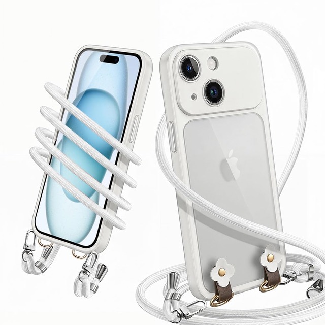 対応 iPhone 15 ケース ショルダー 半透明 薄型 耐衝撃 可愛い 花柄デザイン(ホワイト)