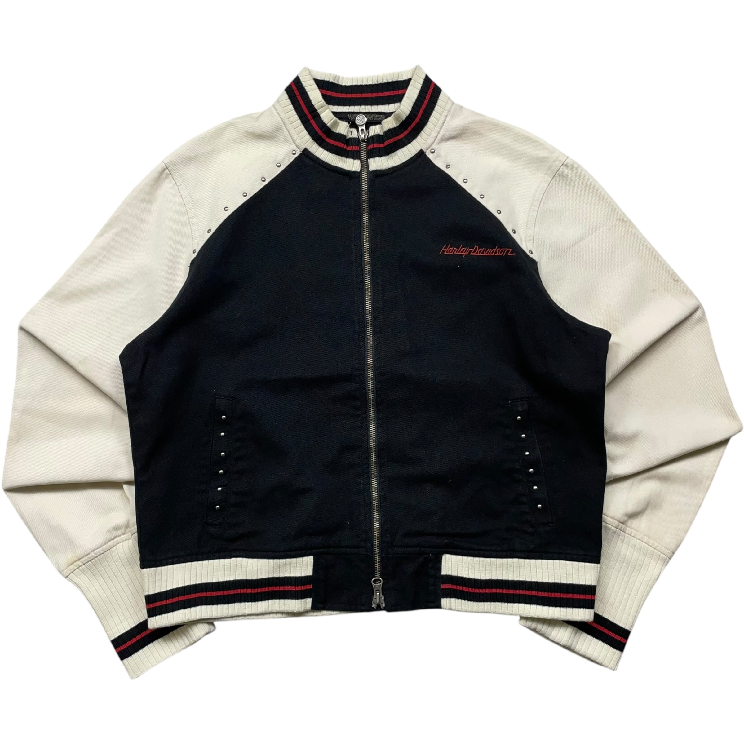 《WOMEN’S LARGE》 Harley-Davidson ハーレーダビッドソン Y2K ジャケット アウター 刺繍 スタッズ ホワイト ブラック no.4862