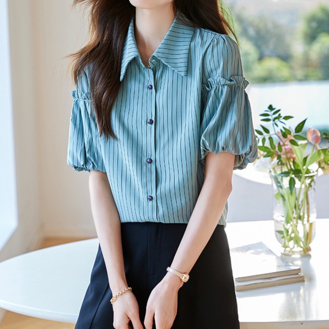 Lantern sleeve elegant retro stripe blouse