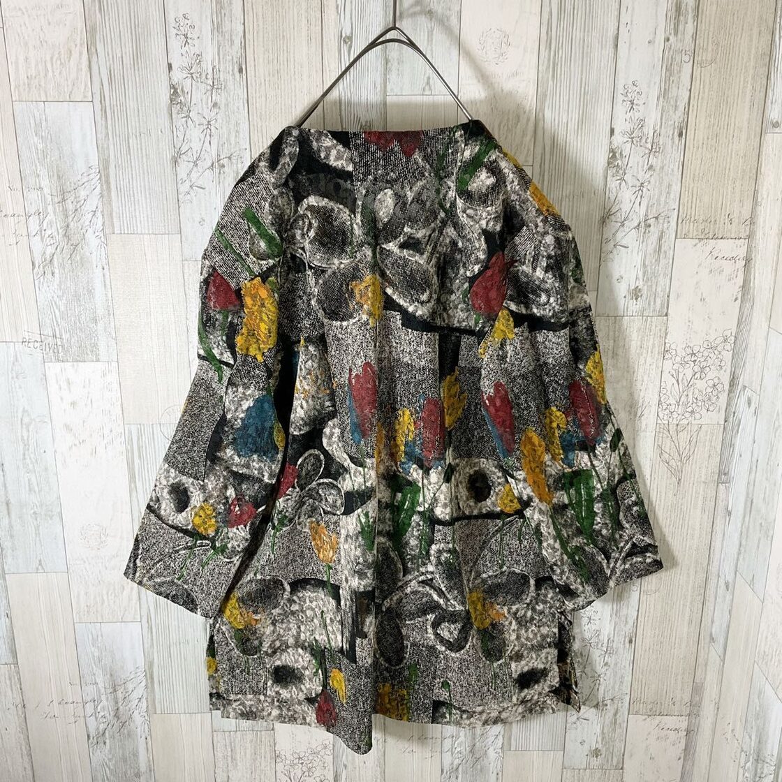 柄シャツ レディース 五分袖 M 黒 古着 総柄 ヴィンテージ 昭和 レトロ 
