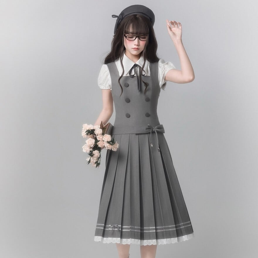 静かな品格を纏う クラロリ学園風セットアップ ネックリボン付き3点|WithU