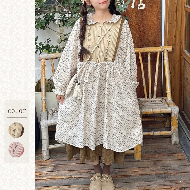 レトロ刺繍パッチワーク裾レースワンピース W1701
