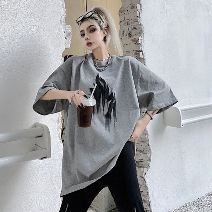 ダークサマールーズスリーブレディースプリントカジュアルTシャツ ラウンドネックトップス 大きめサイズ 夏物 Oネック ケッペル12129544822