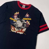 80s STUDIO 0001 BY FERRE ジャンフランコフェレ 国旗デザイン 半袖 リンガーTシャツ/ネイビー系 メンズ ビンテージ