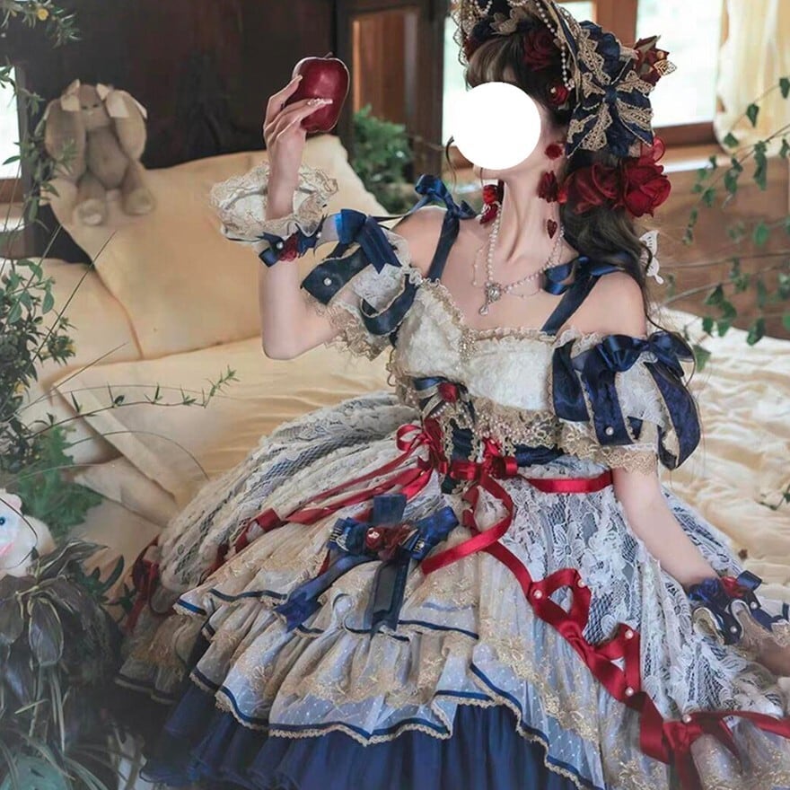 ゴシックロリィタ ドレス ネイビー×レッド リボン装飾フリル｜WithU