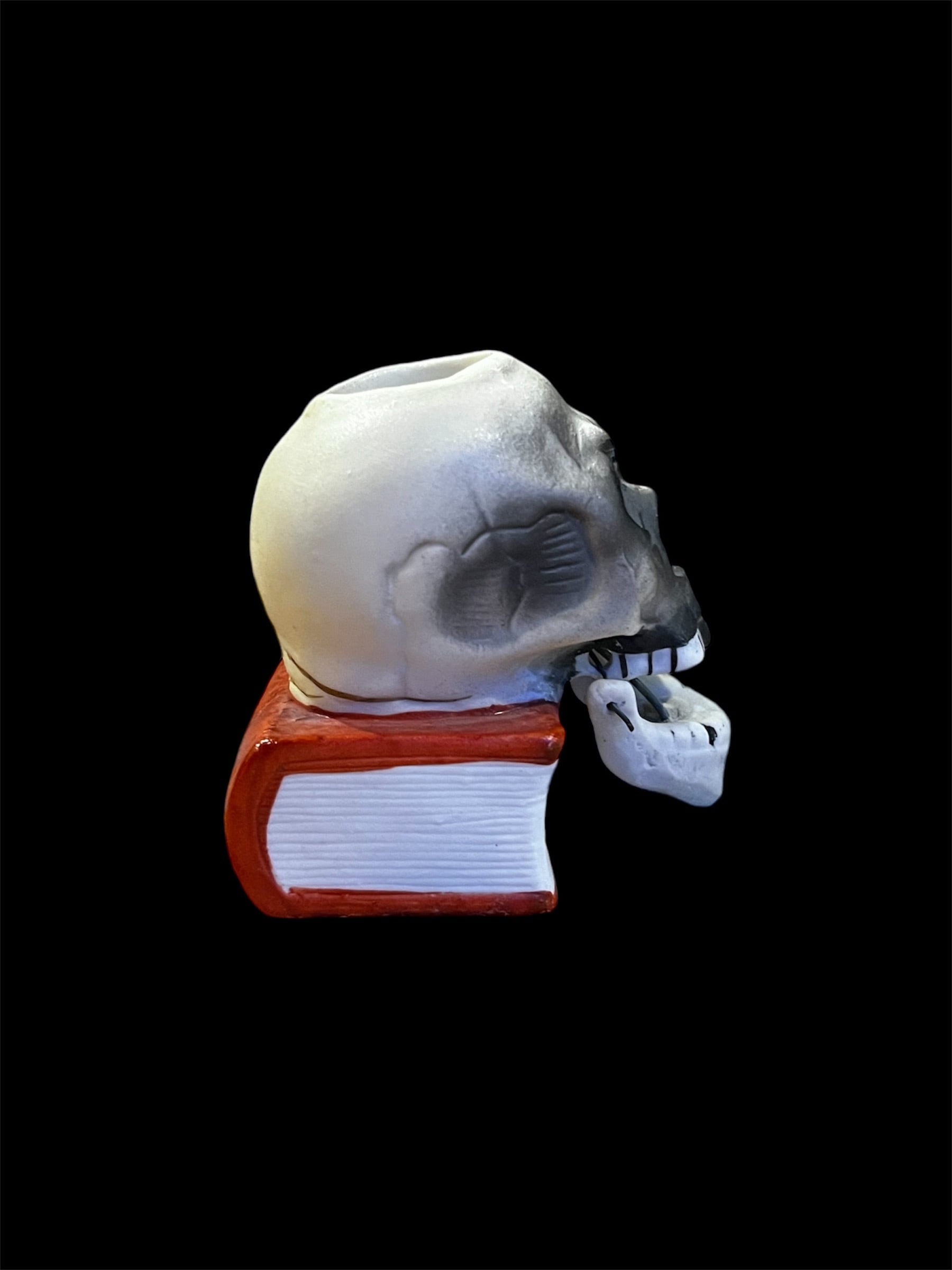 50s Skull on Book Jaw Nodder Match Holder Made in Japan Souvenir