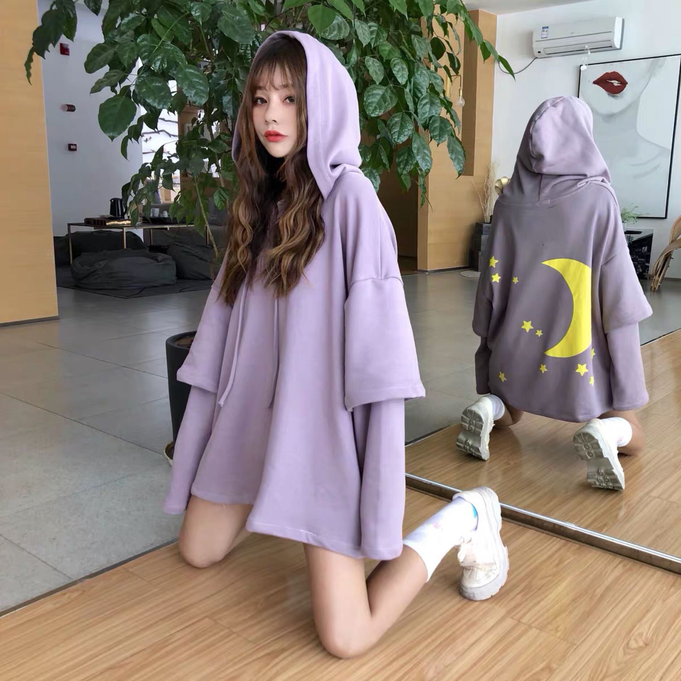 ネットレッドセーターレディース2020年秋冬新バージョンルーズフェイクツーピース長袖フード付きトップレイジーイントレンド 萌量不足18460092565