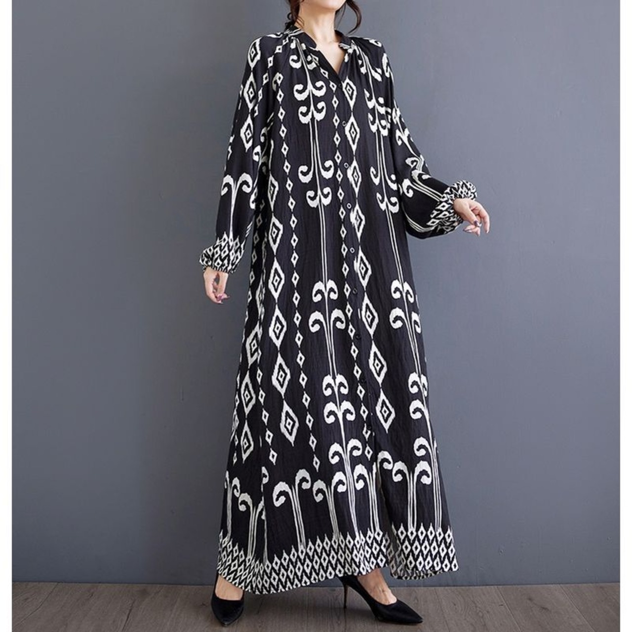 幾何学模様 ボタンフロント ワンピース  00128