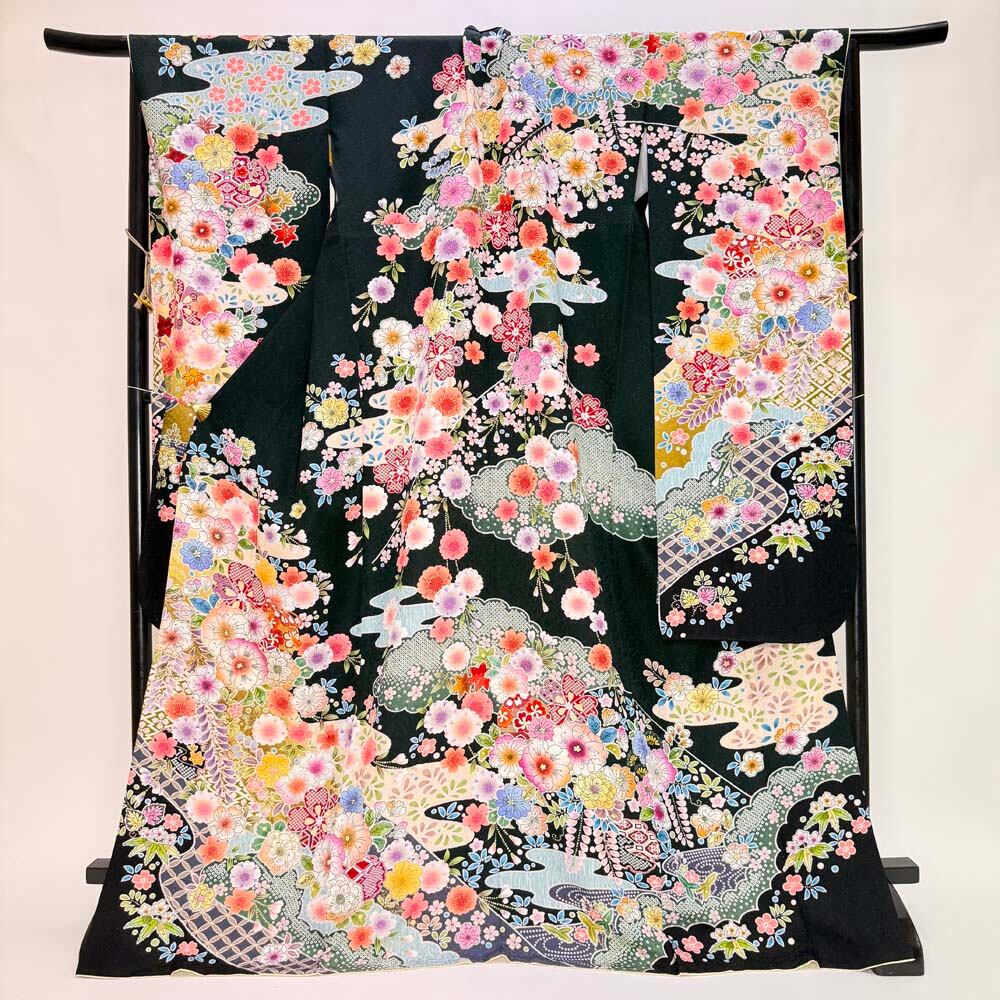 振袖 中古 濃い緑 緑 正絹 古典 裄68.7cm 身丈174cm 美品 L サイズ 成人式 6732