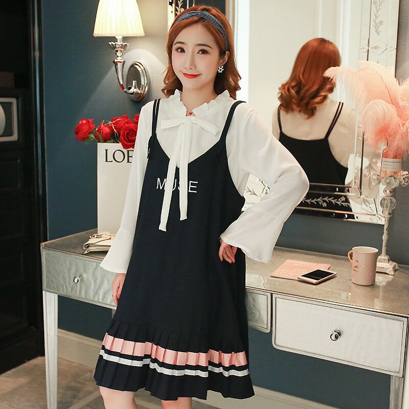 【新作】【送料無料】 マタニティウェア2020秋と冬の新しい流行の母親妊娠中のツーピースセット、フリルの長袖+ミドル丈の年齢を減らすサスペンダースカート-アリババ ロング オータム 秋物 ウィンター 冬物 expec267248061063