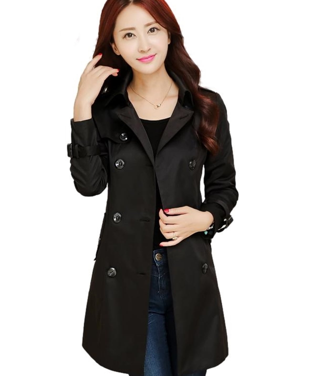 レディーストレンチコート薄手スプリングコート ロングジャケット長袖ミドル丈アウター ウインドブレイカー撥水カジュアル 春秋(ブラック)