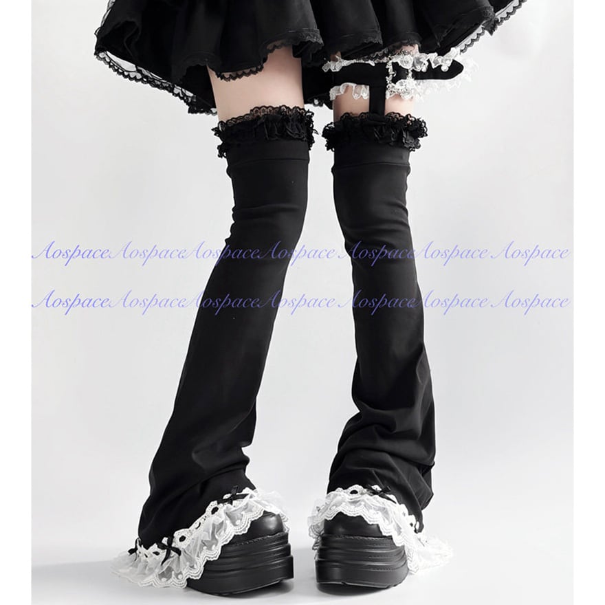 参戦服に適した地雷系レースフリル付きレッグウォーマーとガーターのセット|天使と悪魔