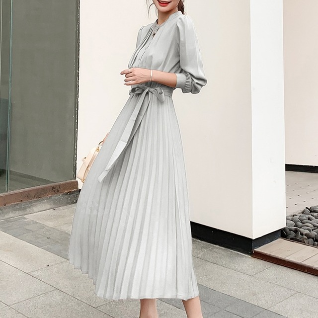 プリーツワンピース きれいめ 上品 通勤 お呼ばれ オフィス 長袖 ロング丈 ミモレ丈 フレア 秋 冬 大人 デート お出かけ 旅行 女子会 韓国 韓国ファッション オルチャン 可愛い レディース Fa730 Musubi Me 韓国 オルチャン レディースファッションのお店