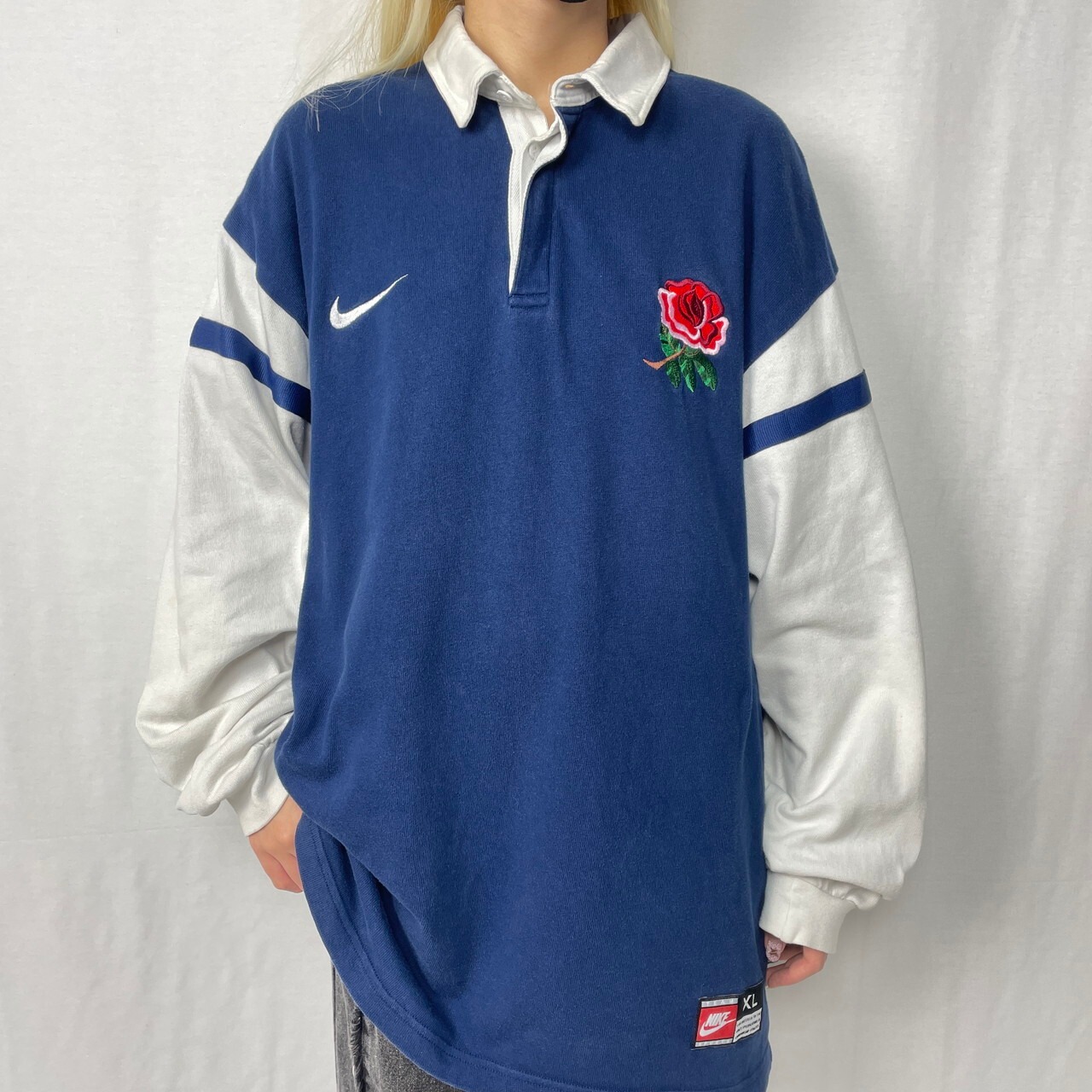 NIKE ナイキ 切り替え 薔薇刺繍 長袖 ポロシャツ ラガーシャツ メンズ 