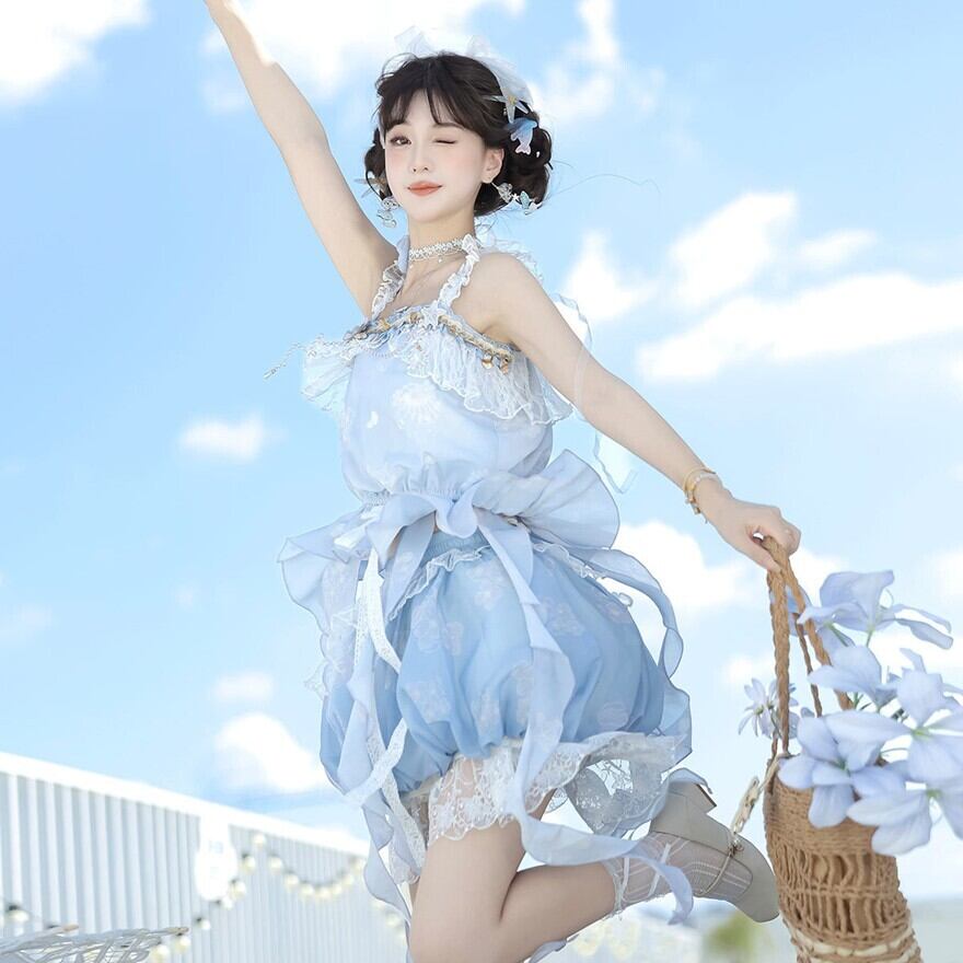 マーメイド風 レースセットアップ ミニスカート アイスブルー リゾート