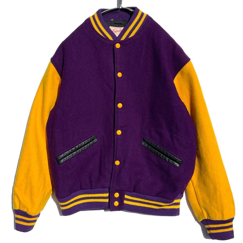 BG49　パープル＆イエロー　　フルデコ・スタジャン　袖・牛皮　レディース・XS Kandel Varsity Jacket] Vintage Stajan Award Jacket [1970s] Vintage