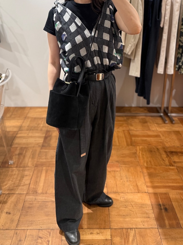 TAN/26SS-16 FLOWER PRINTED GINGHAM KNIT TOP NAVY
