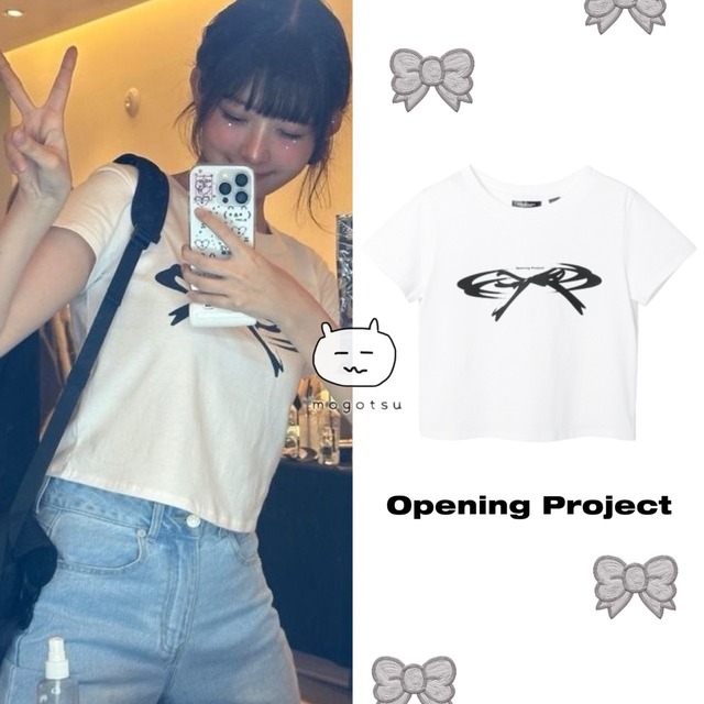 条件付き数量限定トレカ付き！★IVE レイ 着用！！【OPENING PROJECT】W Cropped Ribbon Half T Shirt - White