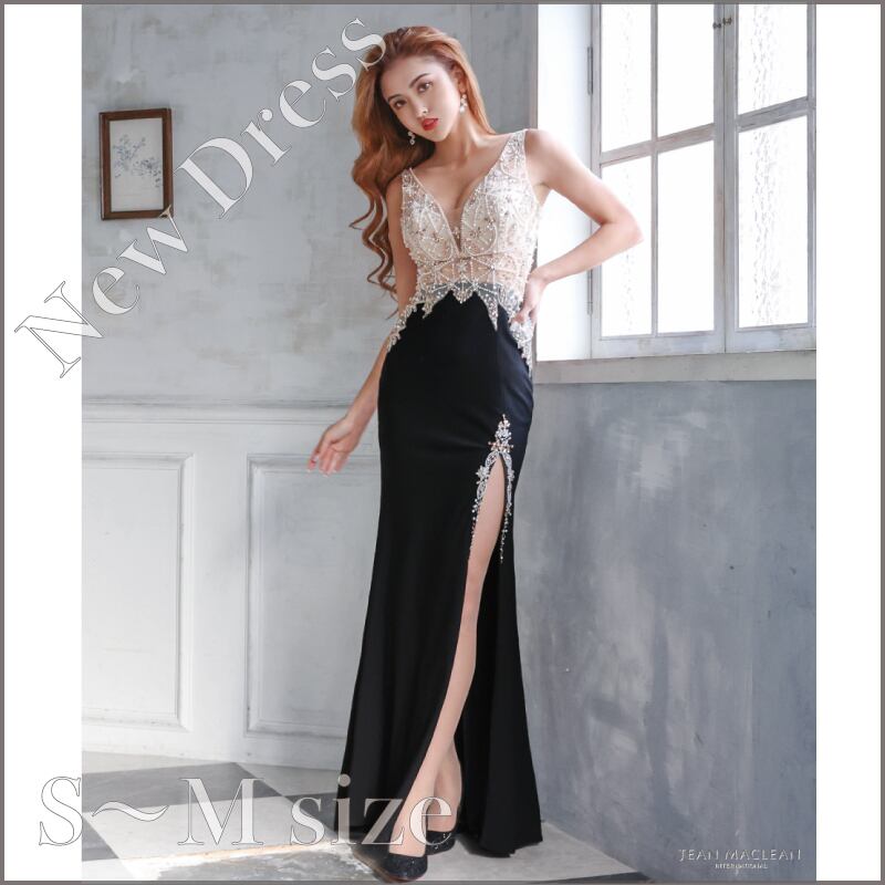 【JEAN MACLEAN】【即納】4色展開 (S.Mサイズ) 刺繡バイカラー/シアー/LongDress【11901】