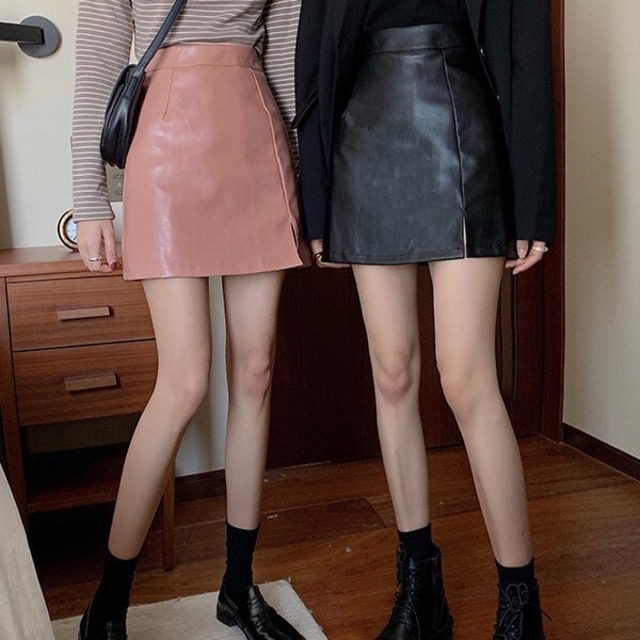 レザー風 スカート ハイウエスト スリット Aライン タイトスカート