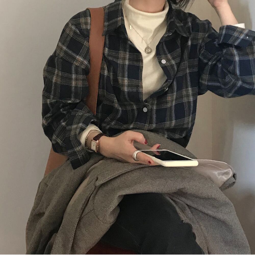 ルーズ格子柄シャツ カラートップス レディース ビッグFスモールZ韓国26953500296