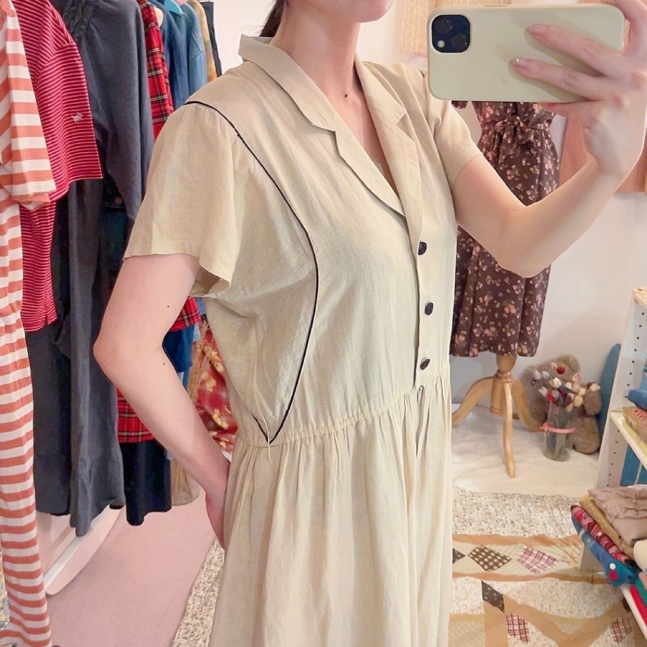 beige open collar one-piece