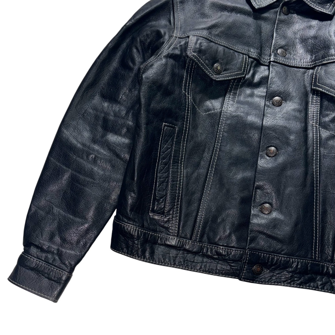 black leather trucker jacket