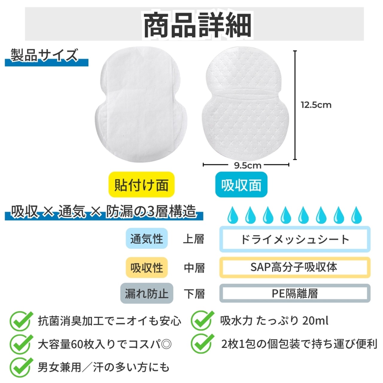 汗ジミ防止の汗脇パッド60枚【粘着力弱めで生地を傷めない】汗取りパッド　脇汗吸収パッド インナー 脇汗シート　シールタイプ 男女兼用 防臭シート