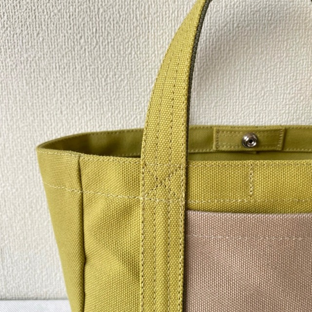 「軽いボックストート」ミニサイズ「ヒワグリーン✕ベージュ✕オリーブ」／倉敷帆布 8号帆布【受注制作】