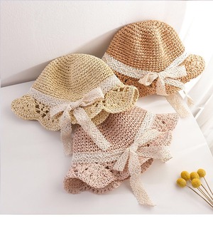 韓国子供服　麦わら帽子/紫外線対策/キッズ/子供用/レース/リボン