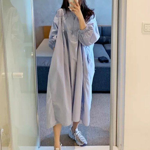 シャツワンピース レディース ワンピース ミドル丈ワンピース ボリューム袖 スタンドカラー シンプル 無地 カジュアル お出かけ おしゃれ ゆったり 体型カバー ルーズ コットン 綿 青 ブルー 春夏