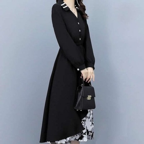 ワンピース レディース ひざ丈 長袖 Vネック ワンピ 花柄 Aライン 大きいサイズ 大人可愛い フォーマル きれいめ 上品 お出かけ デート 女子会 通勤 通学 ハイウエスト