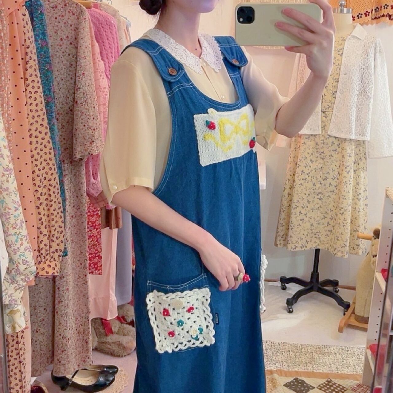 remake ✂︎ yellow ribbon frill pocket jumper skirt