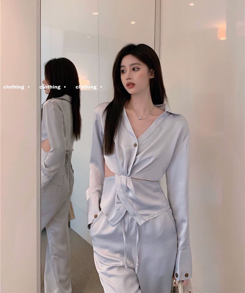 オータムVネックシャツ ギャザー 秋物 ガールズファッション21694946731