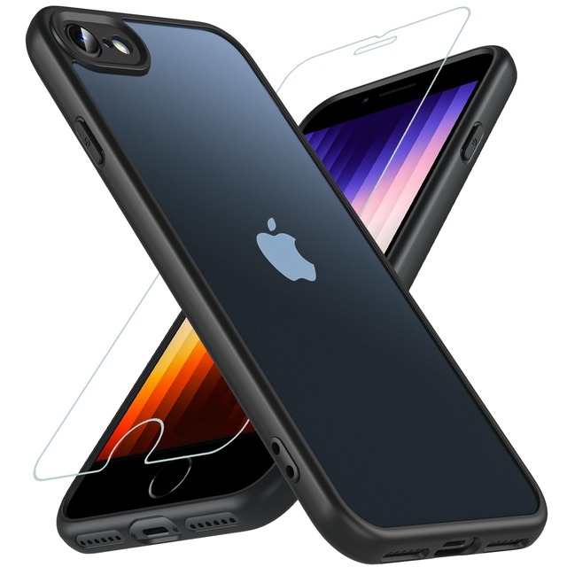 OWKEY iPhone SE ケース iPhone SE3 ケース iPhone SE2 カバー ガラスフィルム付き 半透明 4.7インチ ブラック