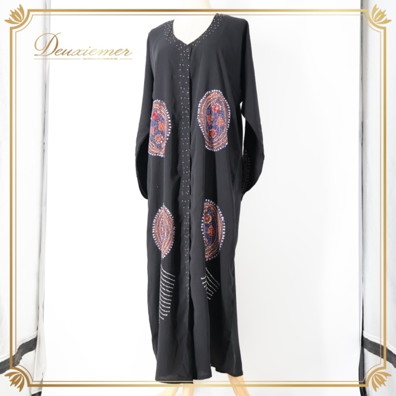 ベリーダンス 衣装 ガラベーヤ ブラック系 カフタン 黒 赤 紫 刺繍 ラインストーン 星 キラキラ ボタン 羽織り ダンス衣装 イベント ステージ 長袖 民族舞踏 レッド系 パープル系