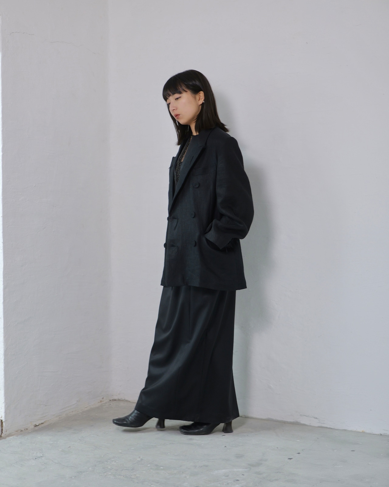 i’m here - GRANDPA Linen Jacket :Black|ダブルブレスト/立体3面ドッキング/“だまし絵”の前立て