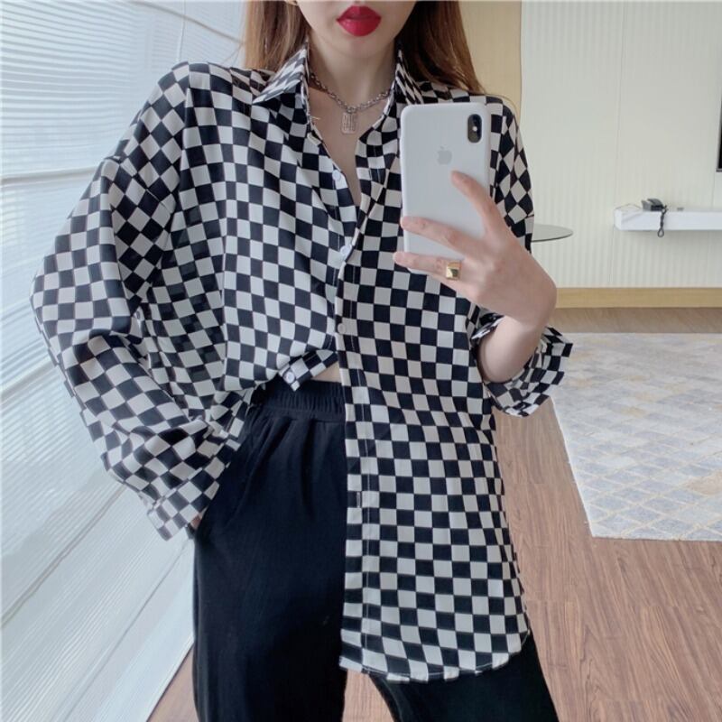 スタンダード格子柄シャツ レディースサマールーズトップス ロング レトロ 夏物 ハンチェンe53639973772