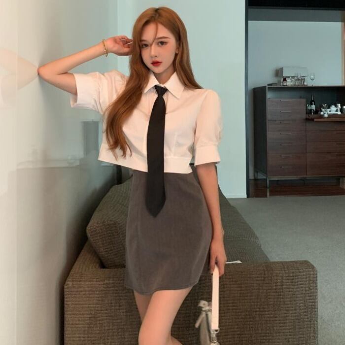 半袖スリーブシャツ ハイウェストウェストスカート ショート ハーフスリーブ ハンチェンe31743764567