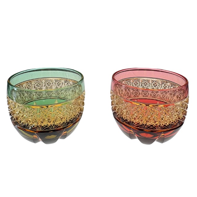 門脇硝子加工所アウトレット福袋2026 クリスタルぐい吞セット（炎）　琥珀色緑　琥珀色金赤