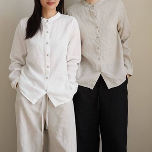 【定番の一枚】ピュアリネン ウォッシュ加工 長袖 バンドカラーシャツ 2color W01425