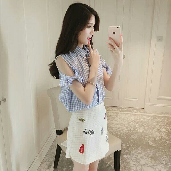 ギンガムチェックの可愛い オフショル トップス ♪ ブルー