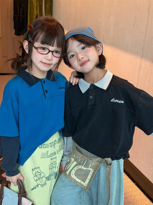 レイヤード風長袖ポロシャツ（2色展開）XDJK｜トップス 重ね着風｜小学生 ジュニア対応｜通学 普段着｜韓国子供服｜男の子 女の子｜90-160cm｜2026秋服 ［取寄］