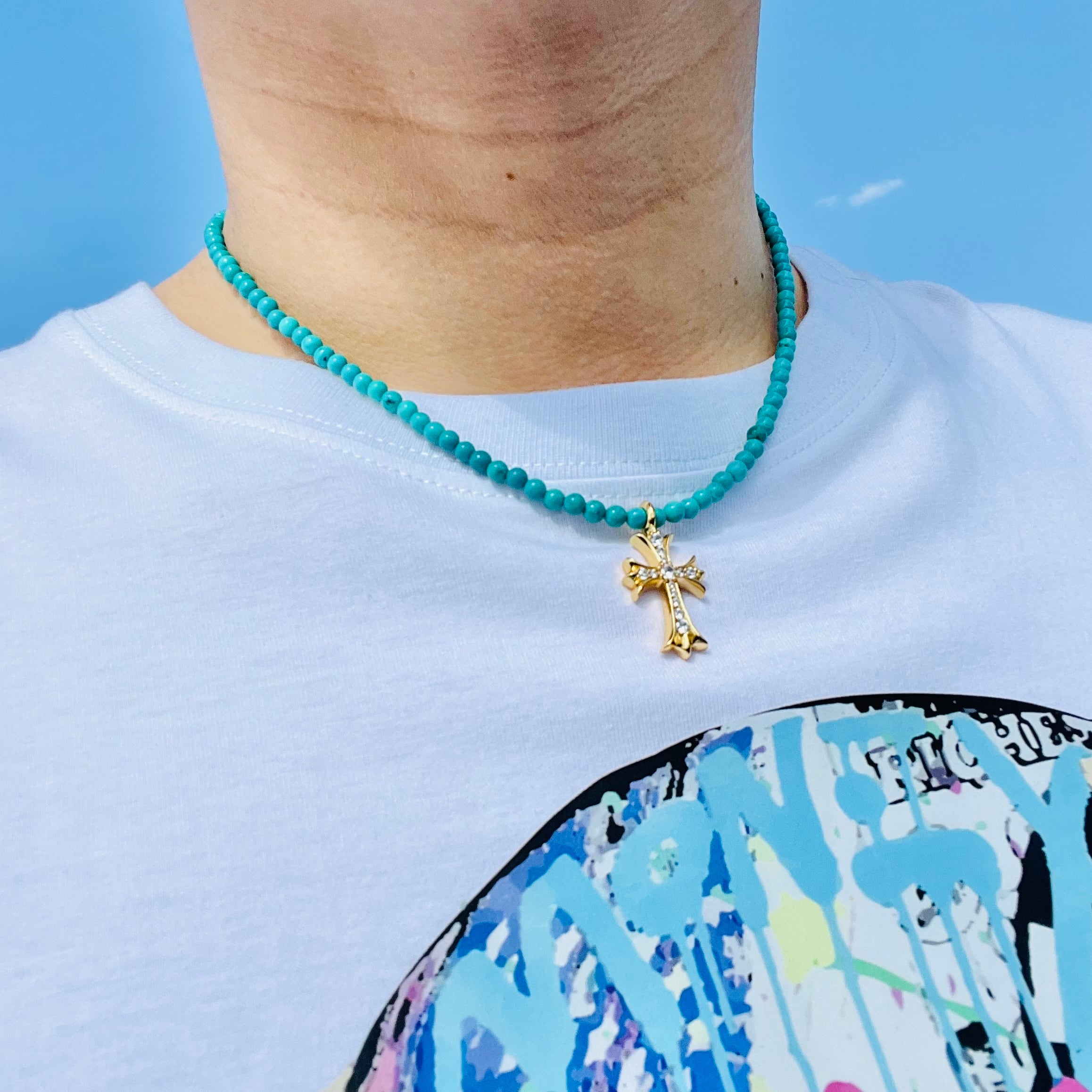 ターコイズ クロスチャーム ネックレス ターコイズゴールドクロスネックレス | StoneJewelry